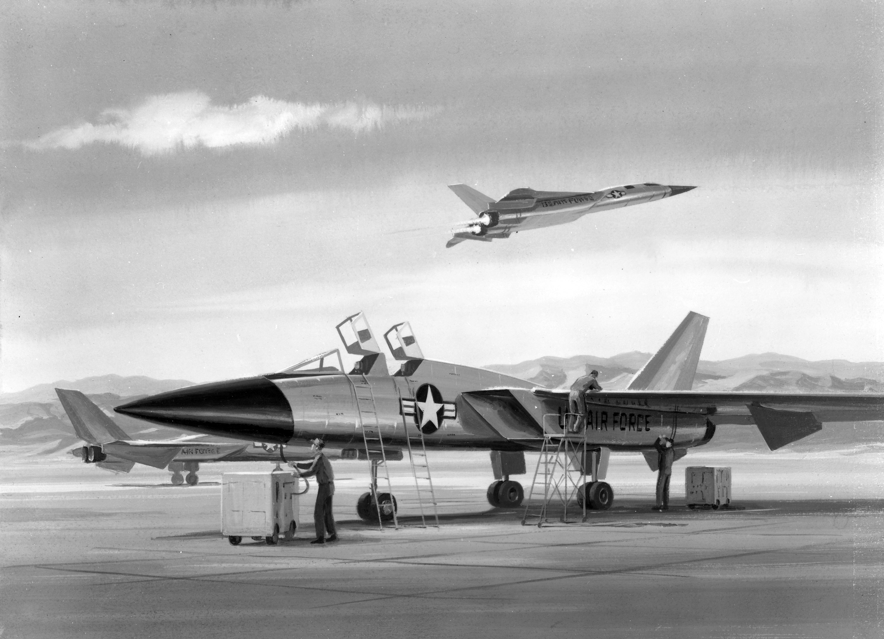 Concepto artístico del F-108A de North American Aviation que opera desde una instalación de base remota.  (Archivos Nacionales, St. Louis) La modificación de la nariz y la cúpula se muestra bien en esta vista de un Lockheed YF-12A que se acerca al petrolero KC-135 en lo alto del desierto de Mojave.  (AFTC / HO) Los Hughes