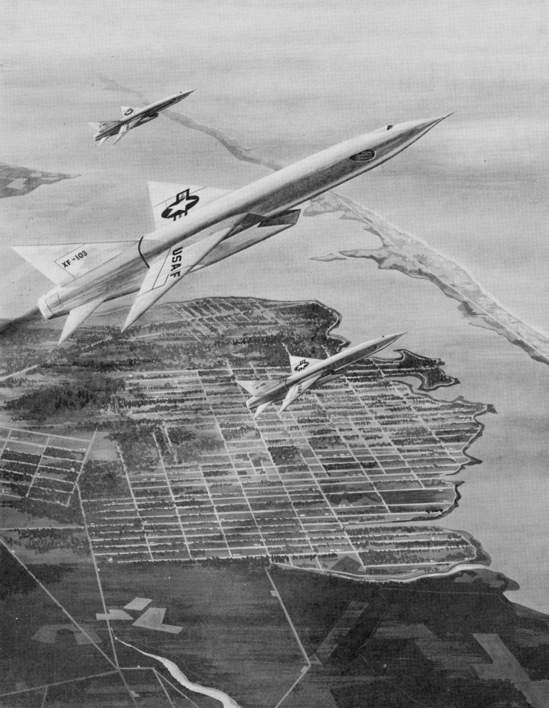 Artist concept of three Republic F-103 aircraft departing their base to perform an intercept mission off of the United States coast. (National Archives, St. Louis)