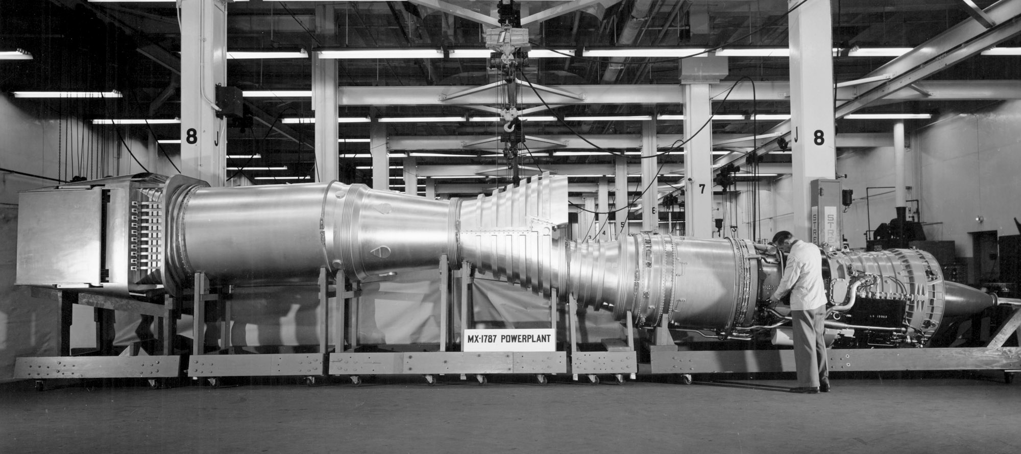 Full scale mockup of the Wright Aeronautical XJ67 and XRJ55 dual-cycle propulsion system developed for the Republic F-103. (National Archives, St. Louis)