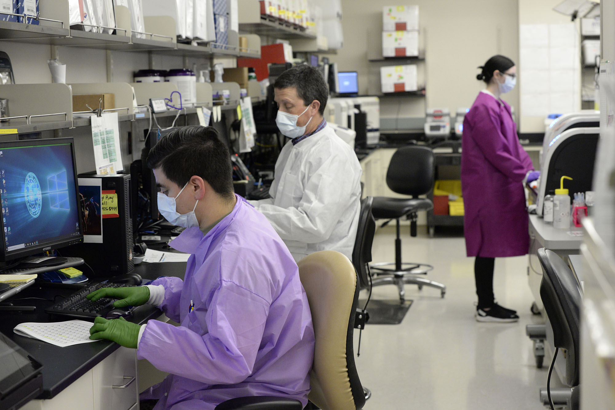 Personnel work at the Air Force’s Epidemiology laboratory while Secretary of the Air Force Barbara Barrett is briefed on its research in response to combatting COVID-19 at Wright-Patterson Air Force Base, Ohio, April 21, 2020. 