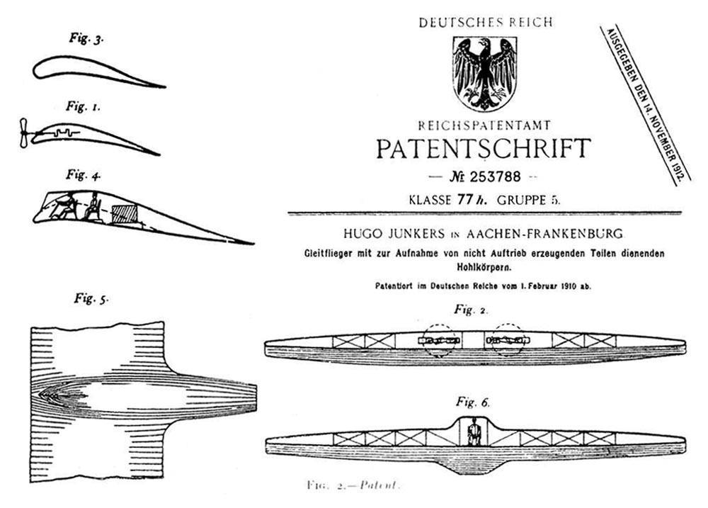 Hugo Junker's patent application for a “hollow body,” flying wing-style aircraft.
