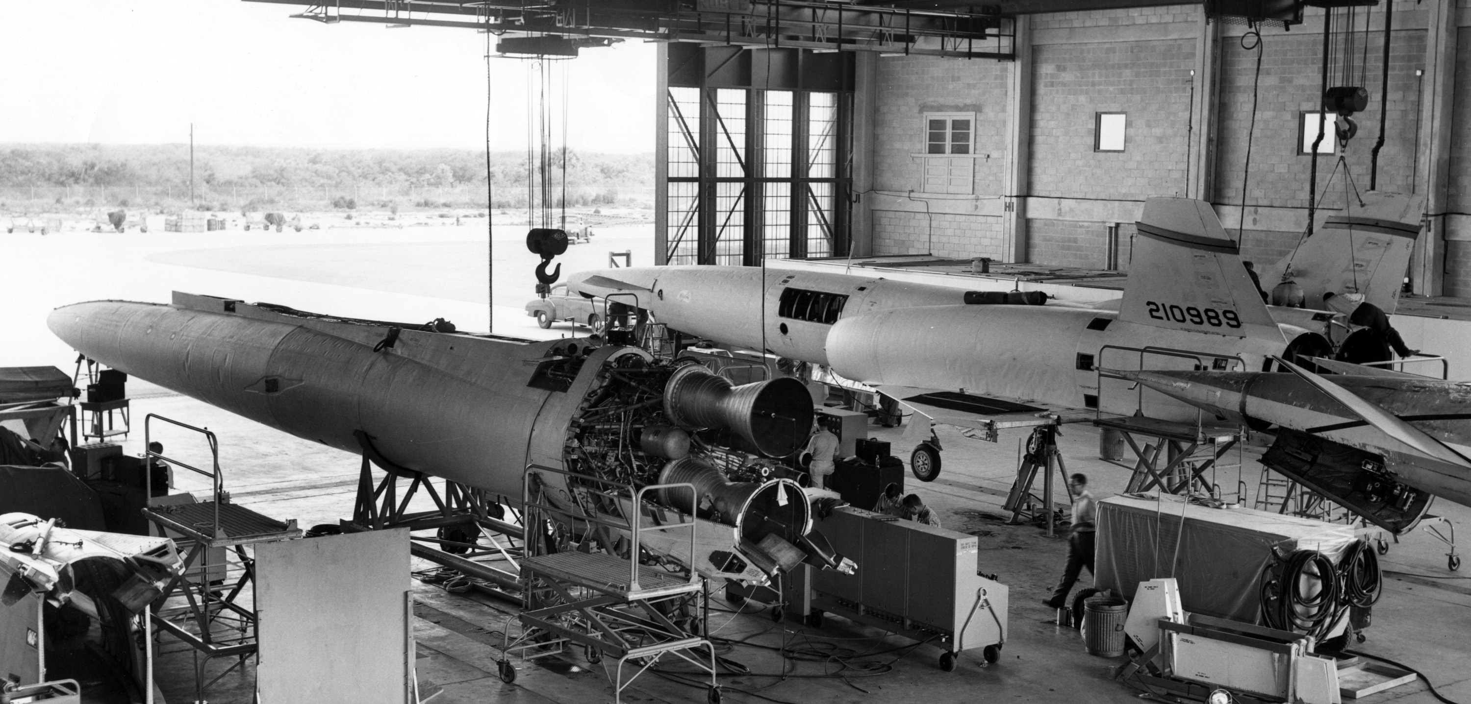  The first XSM-64 launched, sits in its hangar at the East Coast launch facility undergoing final assembly and testing. Clearly seen are the Rocketdyne XLR71 engines on the booster.