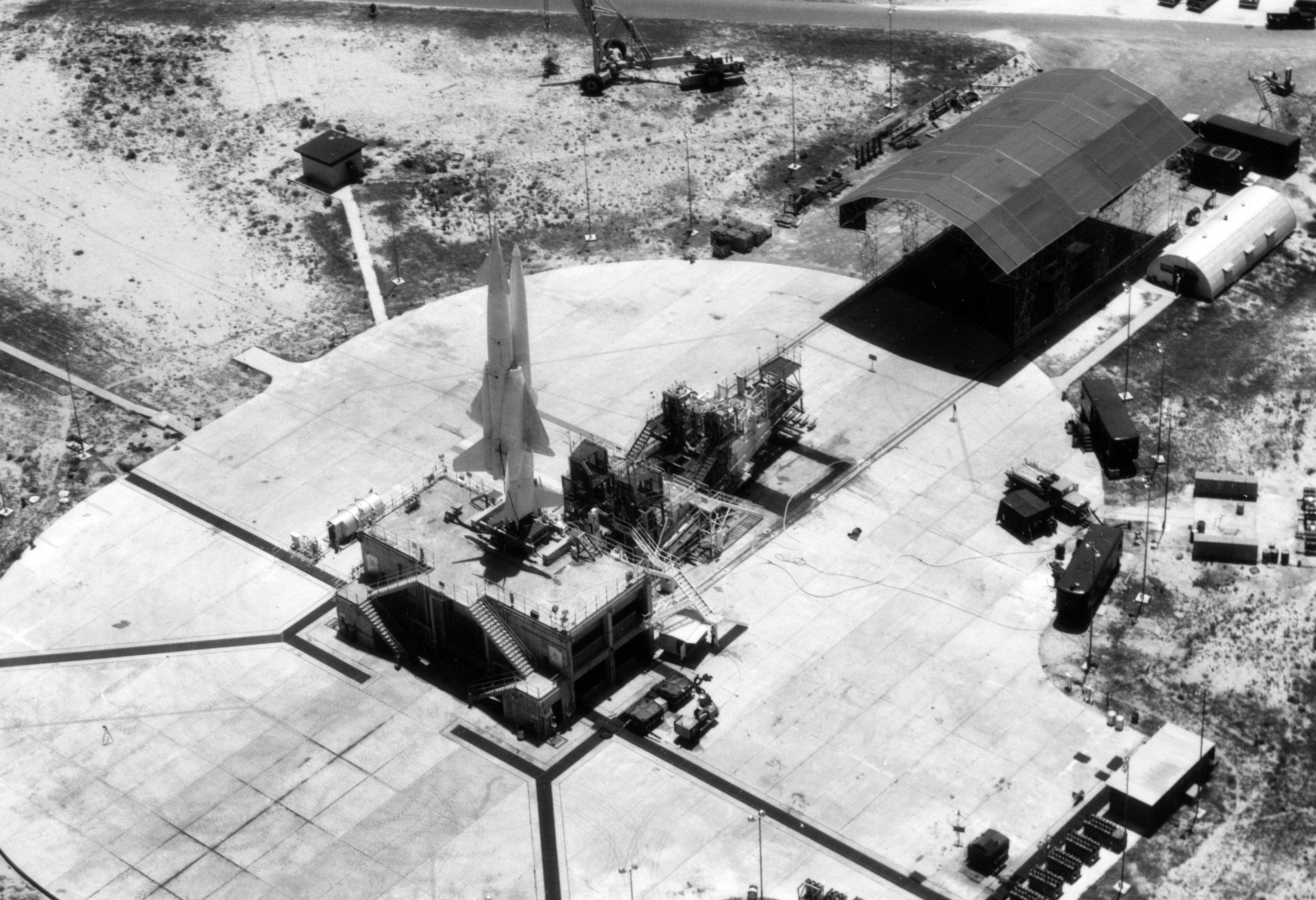 Aerial view of the Navaho launch area at the Air Force Missile Test Center, Cape Canaveral, Florida.